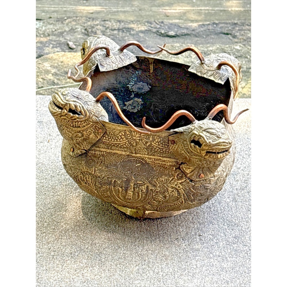 Vintage Ornate Chinese Asian Gilded Copper Dragon Head Bowl Planter Pot